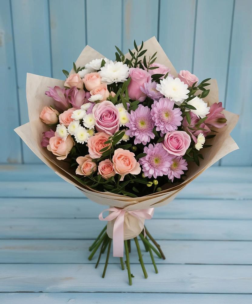 Букет цветов из: Хризантемы, Розы и Альстромерии в Новую Купавну