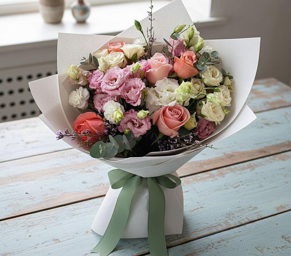 Букет цветов из: Розы, Лизиантусы и Гвоздики в Новую Купавну