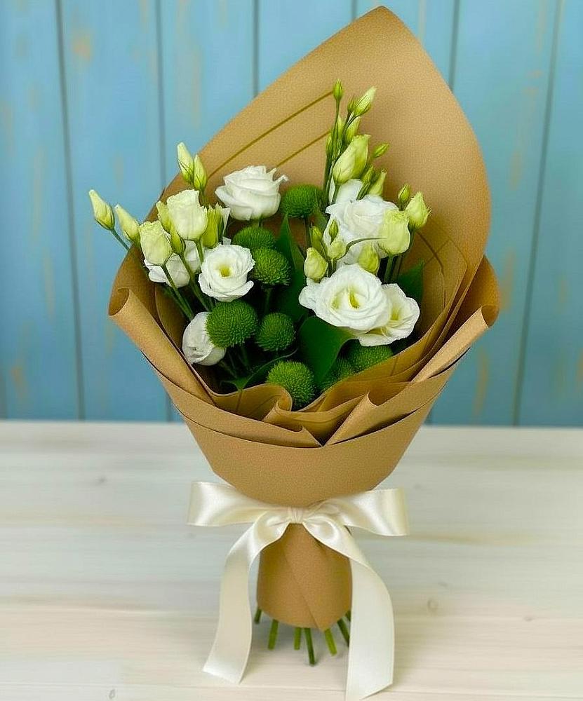 Букет цветов из: Хризантемы и Лизиантусы в Новую Купавну