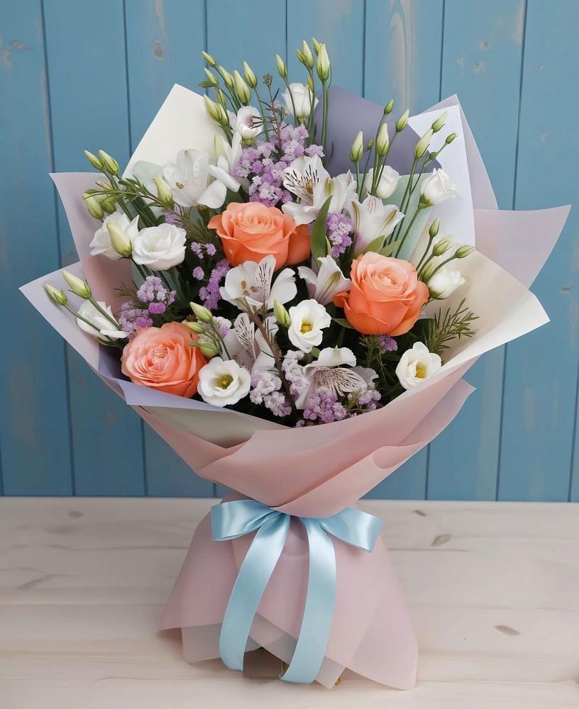 Букет цветов из: Лизиантусы, Розы, Альстромерии и Гипсофила в Новую Купавну
