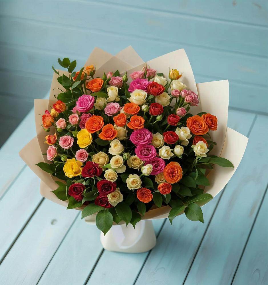 Букет Микс из разноцветных кустовых роз в Новую Купавну