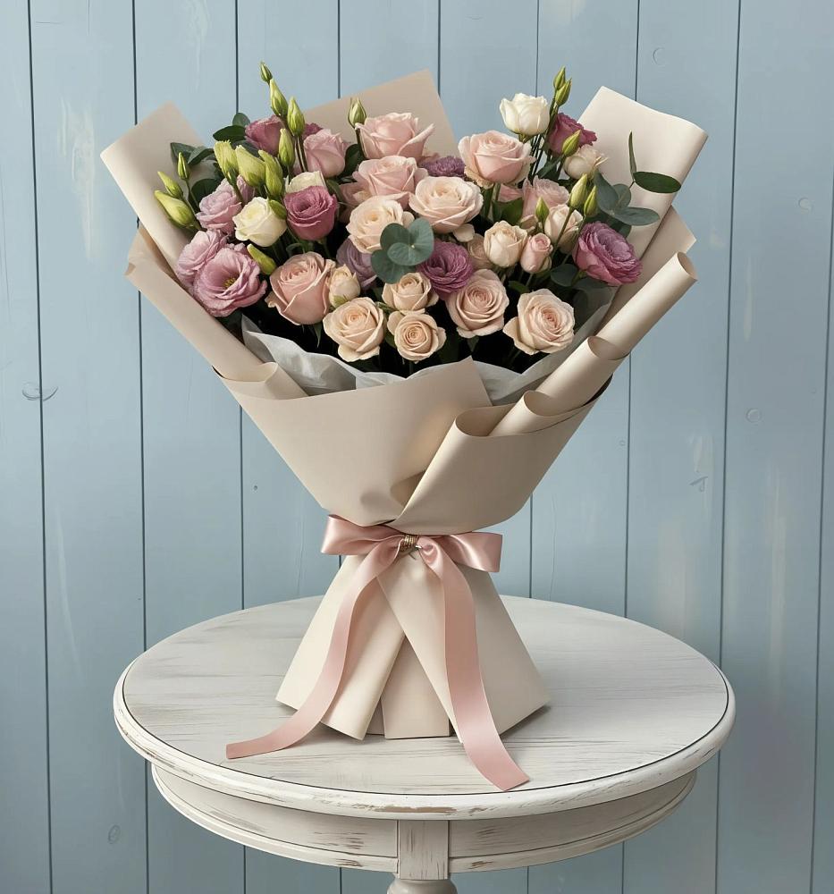 Букет цветов из: Розы и Лизиантусы в Новую Купавну