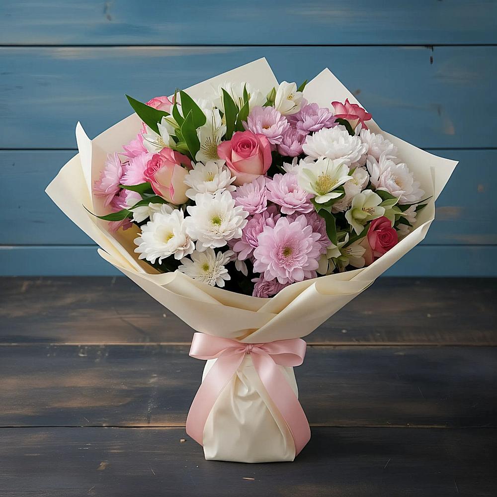 Букет цветов из: Хризантемы, Альстромерии и Розы в Новую Купавну